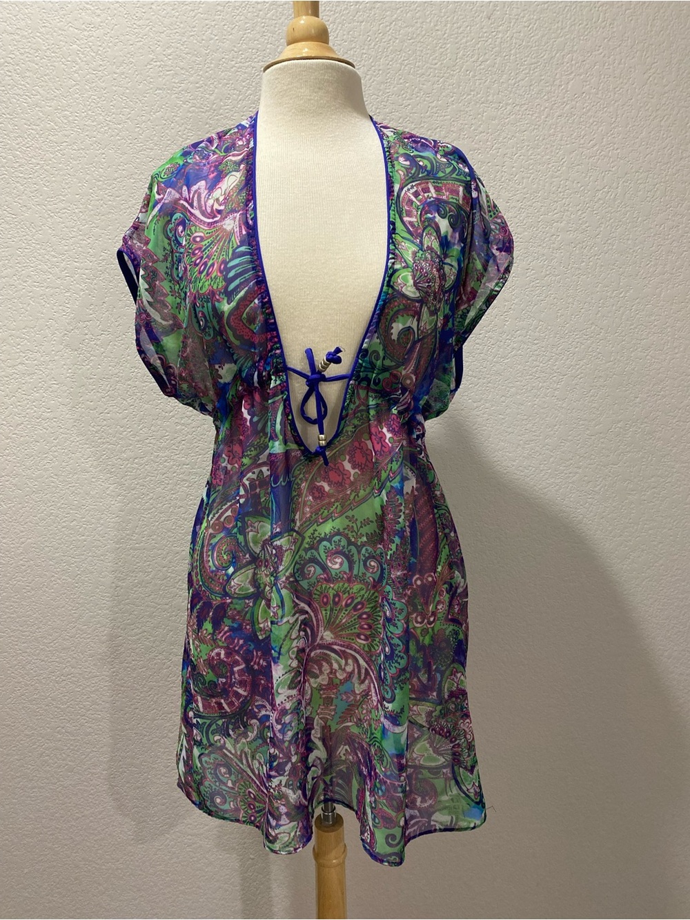BECCA Purple Green Paisley Sheer Swim Caftan Coverup